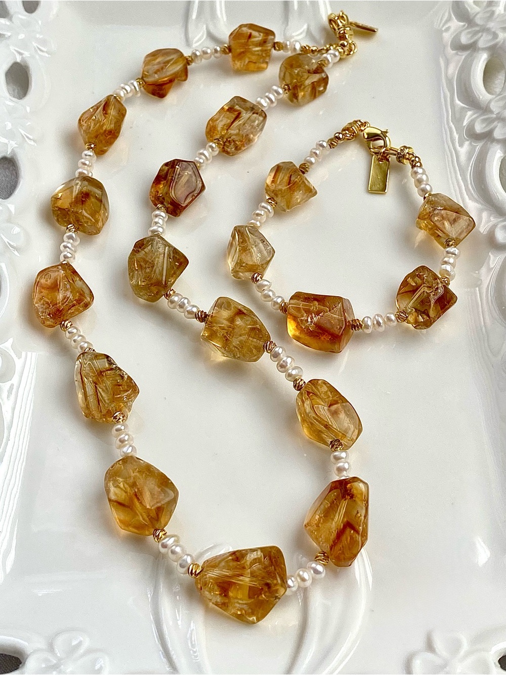 GP94-Handmade Natural Rough Citrine And Baby Pearl 2pcs Set